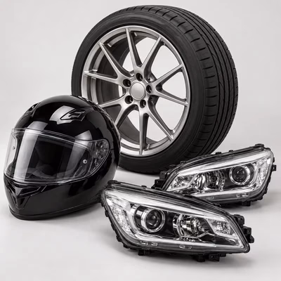 A wheel, motorcycle helmet and headlights