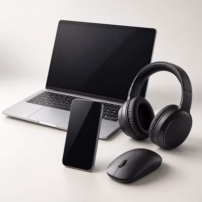 A laptop, headphones, smartphone and mouse